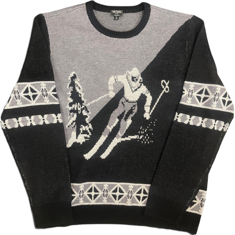 Todd Snyder Italian Merino Wool Skier Intarsia Sweater Black Grey Mens XL